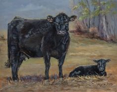 a painting of two cows in a field with one laying down and the other standing