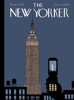 a poster for the new yorker shows a hand holding a cell phone in front of a tall building