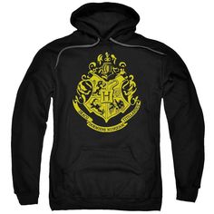 a black hoodie with the hogwart crest on it's chest and yellow lettering