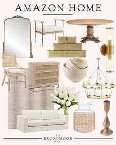 an image of a living room with white furniture and gold accents on the walls, along with text that reads amazon home