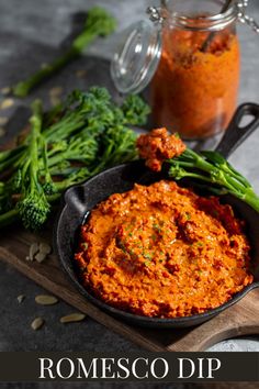 Romesco dip in a small black pan surrounded by broccoli spears, with a bottle of sauce in the background. Roasted Capsicum Dip, Roasted Vegetable Dip, Romesco Dip, Feta Pizza, Homemade Sausage Rolls, Cauliflower Steak, Amazing Drinks, Fast Meals, Healthy Cheesecake