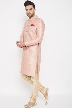 Buy Men's Woven Design Sherwani Set in Pink Pink Sherwani, Festive Wedding, Brocade Blouses, Pink Bottom, Silk Bottoms, Dupion Silk, Gold Silk, Gold Top, Woven Design