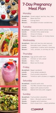 the 7 day meal plan is shown in red, white and blue colors with pictures of food