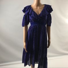 $380 Three Floor Ada Polka Dot Print Asymmetrical Midi Dress Size Us 2 Blue New F86 Ep Length 50” Waist 26” Armpit To Armpit 18 Purple Midi Dress With Ruffles For Daywear, Purple Midi Dress With Short Sleeves And Ruffles, Purple Midi Dress With Ruffles, Purple Ruffled Midi Dress For Daywear, Purple Short Sleeve Midi Dress With Ruffles, Purple Ruffled Midi Dress, Blue Flowy V-neck Midi Dress, Royal Blue Midi Dress, Blue Boho Print V-neck Midi Dress