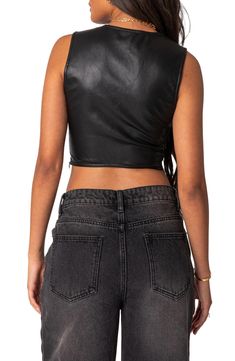 This bustier-inspired crop top is made of supple faux leather that brings edgy energy to your look. Square neck Sleeveless 100% polyurethane Hand wash, dry flat Imported Edgy Crop Top For Club In Spring, Edgy Crop Top For Club And Spring Season, Edgy Crop Top For Club And Spring, Black Faux Leather Top For Club, Black Faux Leather Club Top, Punk Style Cropped Top For Night Out, Punk Style Cropped Crop Top For Night Out, Fitted Cropped Faux Leather Crop Top, Chic Cropped Crop Top With Zipper