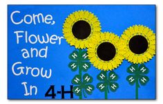 some flowers and the words come, flower and grow in 4 h on a blue background