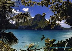 a boat is out on the water near some palm trees and other tropical vegetation, with mountains in the background