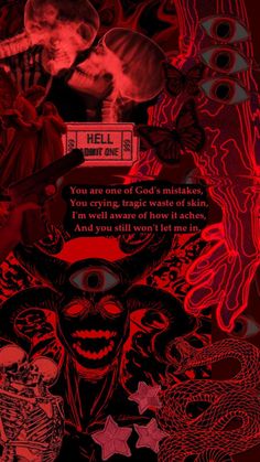 a red and black poster with an image of a demon