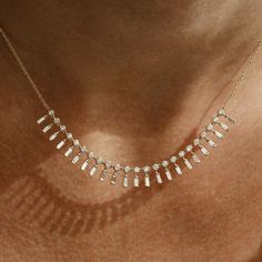 Diamond Necklace / 14k Gold Baguette and Round Diamonds Statement Piece Necklace / Anniversary Gift / Bridal Diamond Necklace by Ferkos * Made to Order. * Gold Kt: 14Kt * Choice of Gold Color: Rose Gold, Yellow Gold, White Gold * Round Diamond: 23 Pcs 1.75MM * Baguette Diamond: 23 Pcs 3.25 X 1.75 * Total CTW: 1.75ctw * Diamond Color-Clarity: G Color VS Clarity * Setting Type: Bezel Setting ▶ Want to find out more? Check out my shop http://etsy.me/2lUcVnH ▶ Want to find out more Diamond Necklace Bridal Statement Necklace, Bridal Diamond Necklace, Moissanite Bridal Sets, Moissanite Necklace, Gold Armband, Moissanite Earrings, Mothers Necklace, Bridal Bands, Ruby Jewelry