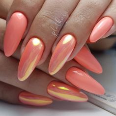 Coral Chrome Nails Designs, Chrome Nail Designs Almond, Chrome Almond Nails Designs, Coloured Chrome Nails, Light Chrome Nails, Chiffon Nails, Peach Chrome Nails, Coral Chrome Nails, Nail Art Beige