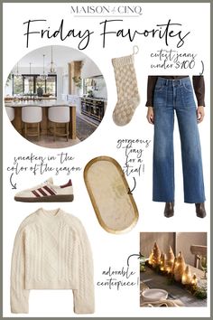 a white sweater and jeans with text that says friday favorites