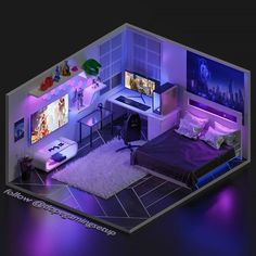 a bedroom with purple lighting and white carpet