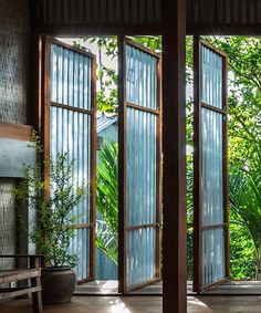 an open door leading into a lush green forest