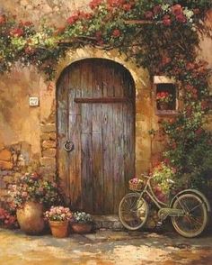 a painting of a bicycle parked in front of a door with potted plants and flowers