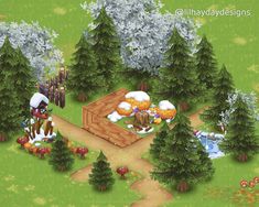 an image of a game scene with trees and animals in the background, including a picnic table