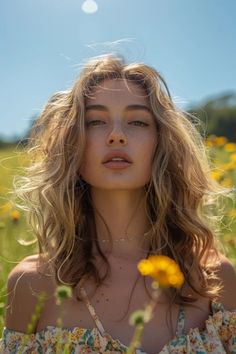 Woman with freckles standing in sunlight with wildflowers, conveying a summery, natural aesthetic. Summer Brunette Balayage, Wavy Blonde Highlights, Brown Hair Woman, Brunette Hair Balayage, Blonde Highlights Brown Hair, Brunette Goddess