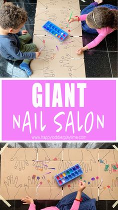 two children playing with giant nails and glue on a cardboard box that says giant nail salon