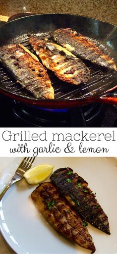 grilled mackerel with garlic and lemon on the grill, served in a cast iron skillet