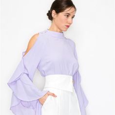 Nwt Boutique Romantic Blouse Lavender Open Shoulder Bell Sleeve Long Sleeve Blouse Purple Summer Blouse For Brunch, Summer Purple Blouse For Brunch, Chic Lavender Tops For Daywear, Fitted Lavender Blouse For Spring, Spring Purple Tops For Daywear, Lavender Fitted Tops For Daywear, Purple Blouse For Spring Workwear, Fitted Lavender Tops For Daywear, Summer Party Lavender Blouse