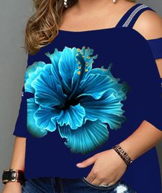 Print Floral Cold Shoulder 3/4 Sleeves Casual Plus Size T-shirts Summer Half-sleeve Printed Tops, Summer Half Sleeve Printed Tops, Printed Half Sleeve Tops For Summer, Blue Half-sleeve Summer Tops, Summer 3/4 Sleeve Tops With Graphic Print, Blue Half Sleeve T-shirt For Spring, Blue Summer Top With 3/4 Sleeves, Spring Tops With Graphic Print And 3/4 Sleeve, Spring Graphic Print Top With 3/4 Sleeves