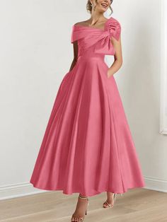 A-Line/Princess Off-the-Shoulder Sleeveless Ankle-Length Mother of the Bride Dresses with Bow(s) Fancy Woman, Mog Dresses, Dresses With Bow, Mother Of The Bride Dresses Long, Color Champagne, Candy Pink, Bride Dresses, Pink Candy, Mother Of The Bride Dresses