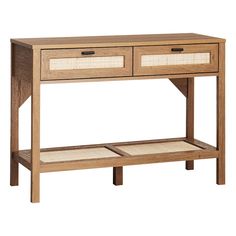 a wooden console table with two drawers and wicker baskets on the bottom shelf, against a white background