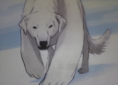 a drawing of a white dog walking in the snow with his head turned to the side