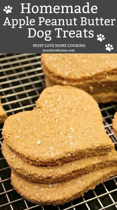 homemade apple peanut butter dog treats on a cooling rack with text overlay that reads homemade apple peanut butter dog treats