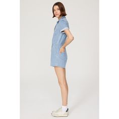 Blue denim (99% Cotton, 1% Spandex). Romper. Short sleeves. V-neck. Front zipper closure. 30" from shoulder to hemline. 3" inseam. Imported. Fitted Casual Denim Jumpsuit With V-neck, Cotton Denim V-neck Jumpsuit, Spring V-neck Cotton Denim Jumpsuit, Casual V-neck Denim Jumpsuit, Blue Denim Jumpsuit With Frayed Hem For Spring, Casual V-neck Denim Jumpsuit With Pockets, Blue Denim Jumpsuit With Zipper Closure, Casual Blue Denim Jumpsuit V-neck, Casual Blue Denim Jumpsuit With V-neck