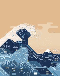 an image of a computer circuit board in the shape of a mountain with mountains and clouds