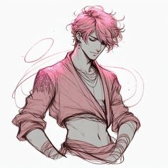 a drawing of a man with pink hair wearing a shirt and pants, holding his hands on his hips