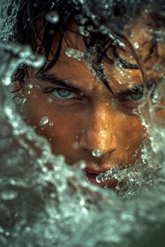 a close up of a person in the water with blue eyes and wet body of water