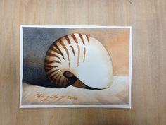 a watercolor painting of a shell on a wooden surface