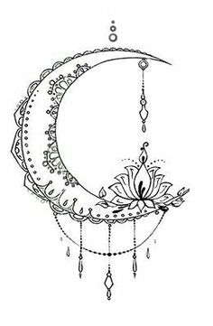 a drawing of a crescent with a flower on the side and a moon hanging from it