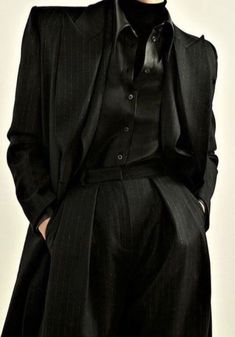 Black Suit Asethic, Suits Outfits Aesthetic, Female Black Suit Aesthetic, All Black Academia Outfit, Dark Academia Button Up, Dark Tomboy Outfits, Black Suits Aesthetic, Dark Academia Suits Women, All Black Dark Academia Outfits