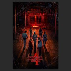 a movie poster with people walking on a wooden floor in front of a red light