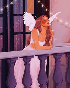 an illustration of a woman with wings sitting on a balcony