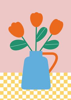 a blue vase filled with flowers on top of a checkered table cloth