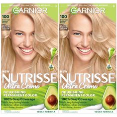 PRICES MAY VARY. Nutrisse shade 100 Extra-Light Natrual Blonde (Chamomile) permanent hair color is our lightest natural blonde shade and one level lighter than shade 90 Light Natural Blonde and will lift up to 3 levels and allow your natural tones to show as it nourishes while it colors and adapts to all hair textures for radiant, long lasting, even color and 100% gray coverage Exclusive fruit oil ampoule, that is poured directly in the mix, after-color conditioner is enriched with 5 responsibly Garnier Hair Color, Pale Skin Hair Color, Beige Blond, Grey Hair Coverage, Best Hair Dye, Blonde Babies, Color Conditioner, Cool Blonde Hair, At Home Hair Color