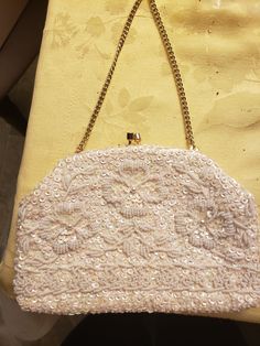 Vintage Richere beaded evening bag. Cream sequin floral beaded purse Cheap Vintage Beaded Evening Bag, Vintage Embellished Evening Bag, Vintage Evening Bag With Pearl Embroidery, Vintage Beaded Shoulder Bag For Party, Luxury Vintage Beaded Evening Bag, Beaded Evening Bags, Clutch Handbag, Evening Bags, Clutches