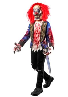 a man in a clown costume holding a knife and wearing a red wig with his face painted