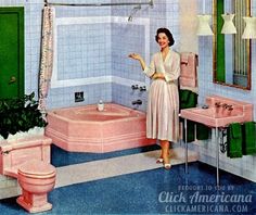 a woman standing in front of a pink bathtub next to a sink and toilet