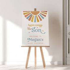 there is a sign that says here comes the son, welcome to morgan's baby shower