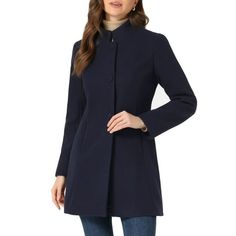 This coat featuring stand collar and single breasted design add feminine and elegant feel to your winter look. Overcoat is spun from soft fabric and fully lining, which is comfortable for all-day wear with big slant pockets. A good choice for winter and cold fall. No matter what look you slip it over, this winter coat adds a layer of warmth and finishes the refined, warm and effortless day-to-night look. Style this peacoat with blouse and pants for a warm and elegant look. Occasion: Work, Office, Casual, Coffee Shop, Daily, Date, Weenkend, etc. Measurement (in inches) Size----------Length----------Shoulder----------Chest----------Waist----------Sleeve XS----------------31.7---------------14.9-----------------36.6--------------34.3----------------22.8 S------------------32.1---------------1 Winter Solid Outerwear With Covered Buttons, Winter Outerwear With Covered Buttons In Solid Color, Wool Coat With Button Closure And Stand Collar, Solid Wool Coat With Stand Collar And Button Closure, Elegant Outerwear With Covered Buttons, Stand Collar Outerwear For Office, Formal Blue Outerwear With Stand Collar, Office Outerwear With Stand Collar And Hidden Buttons, Luxury Office Outerwear With Stand Collar