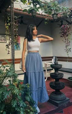 Blue Long Skirt Outfit, Stylish Tops For Women Classy, Mamma Mia Style, Philippines Trip, Blue Long Skirt, Blue Skirt Outfits, Day Out Outfit, Goa Travel, Stylish Knitwear