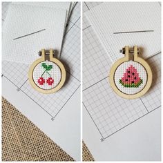 two pictures of cross stitch earrings with flowers in the hoop on top of each other