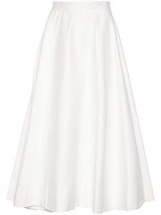 milk white cotton blend twill weave flared high waist two side inset pockets mid-calf length straight hem unlined concealed side zip fastening White A-line Skirt, Midi Skirt White, Bohemian Wedding Guest, Flared Midi Skirt, Midi Flare Skirt, Wedding Guest Looks, Versace Outfit, Wardrobe Edit, City Dress