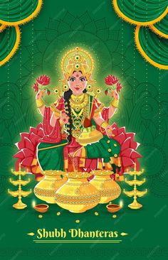 the hindu goddess sitting on top of a pot with candles in her hand, surrounded by green