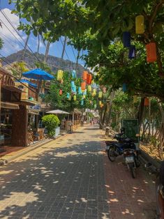 a street lined with lots of trees and hanging paper lanterns in the air above it