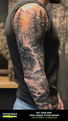 a man's arm with a waterfall and trees tattoo on the left side of his arm